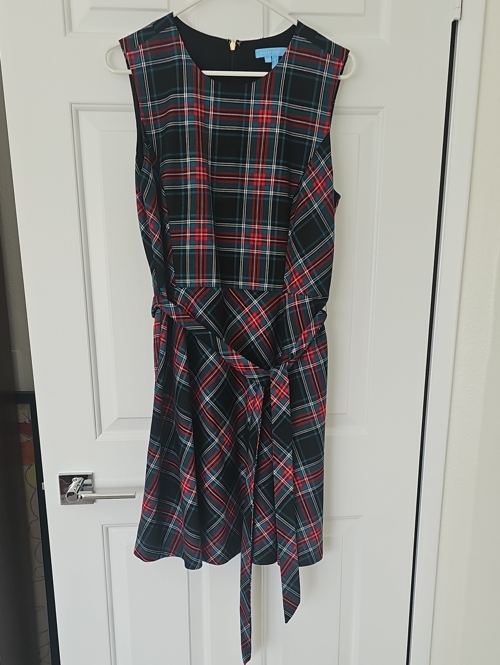 Draper James Black, Red and Teal Plaid Dress with Tie-Waist . Size 10